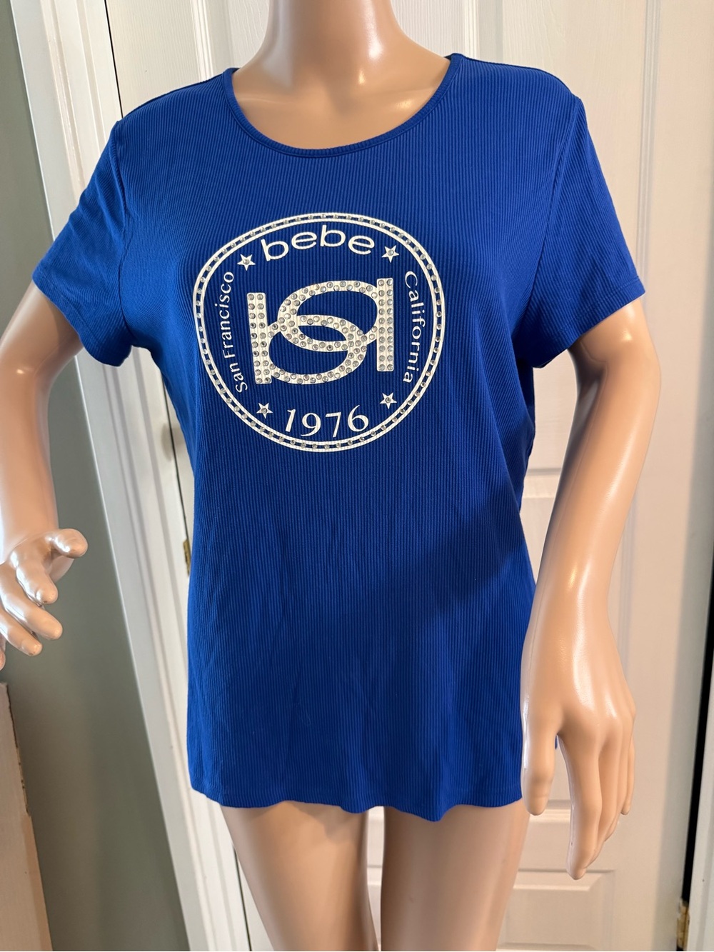Y2K Bebe Blue T Shirt Tee Top Ribbed Rhinestones Bling XL